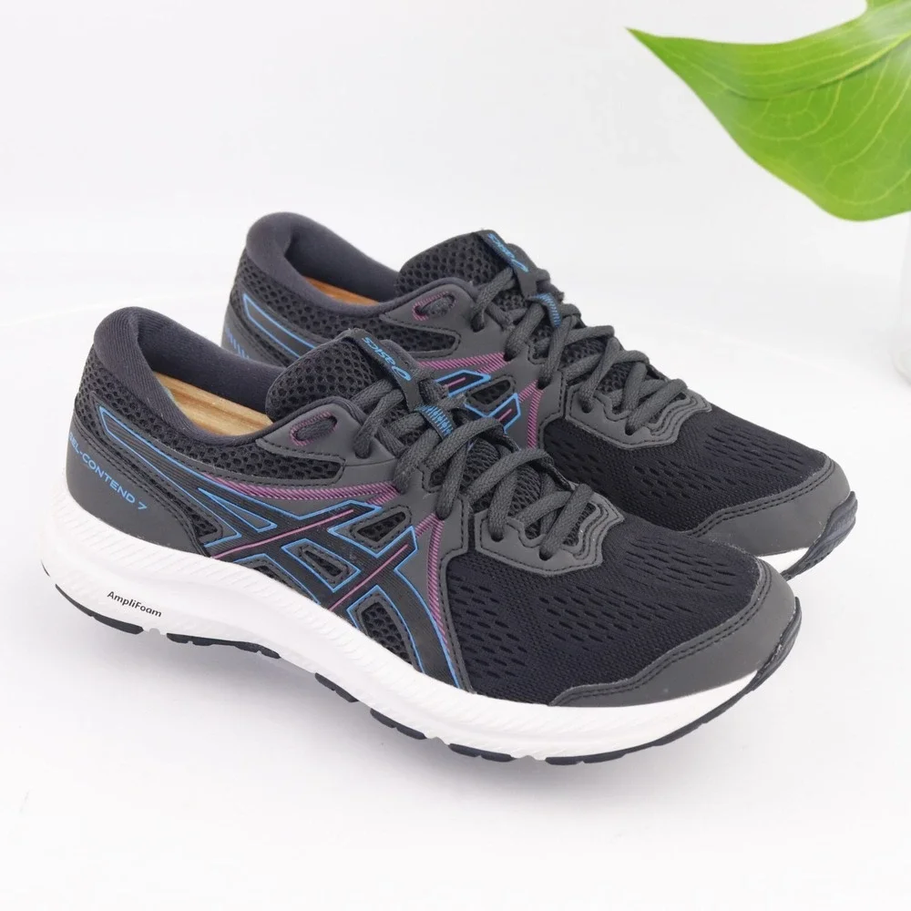 Asics Womens Gel-Contend 7 Running Shoe Size 8 Black Blue Purple Sneaker Trainer